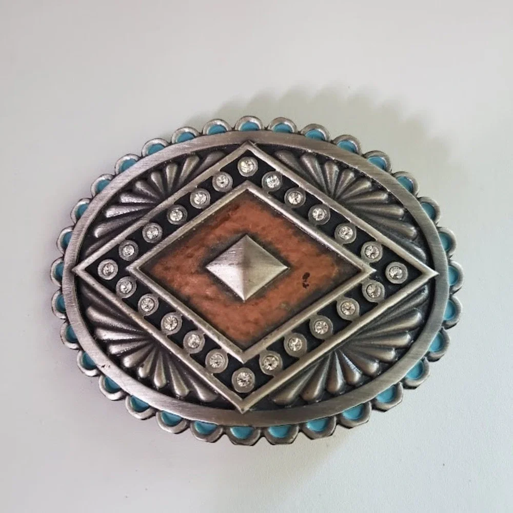 Montana Silversmiths Oval Belt Buckle Silver Tone Turquoise Rhinestone Western